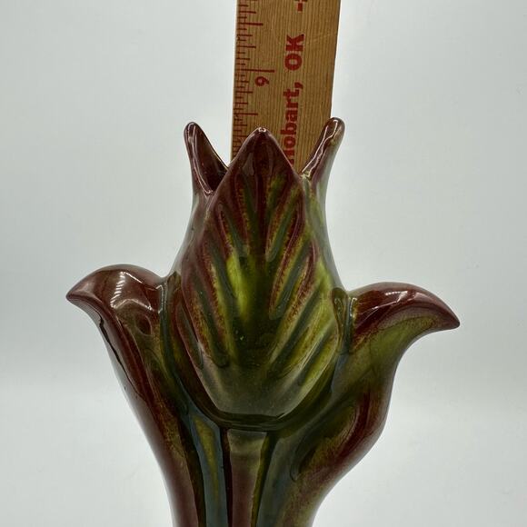 Vintage 1950s Tulip Vase with Variegated Brown and Dark Green Glaze - Picture 2 of 16
